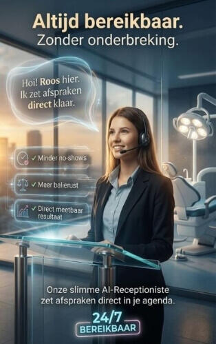 Roos – AI-receptioniste (24/7 bereikbaar) Promobeeld van een behandelkamer met tandartsstoel en tekst “Altijd bereikbaar” — Roos, de AI-receptioniste van DigiBuur, neemt 24/7 op en zet afspraken klaar.
