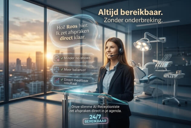 Rose – AI receptionist (24/7 available) Promo image of a treatment room with a dental chair and “Always reachable” text — Rose, DigiBuur’s AI receptionist, answers 24/7 and prepares appointments.