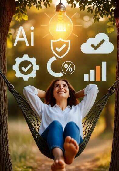 Working smarter with DigiBuur AI Relaxed entrepreneur in a hammock while DigiBuur’s AI automation takes care of the work for her.