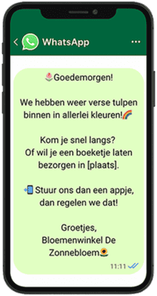 AI-generated WhatsApp message for a flower shop Smartphone screen showing a WhatsApp message for a flower shop, as an example of AI-generated promotional text.